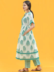 Ersheen - White Green Printed & Sequenced Kurta Pant Set  - SS02F2020