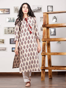 Ivory Maroon Indigo Hand Printed Ajrakh Kurta With Tassels & Cold Shoulder- K98F1538
