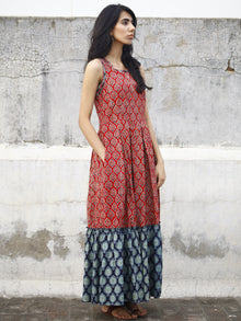 Red Indigo Ivory Hand Block Mughal Printed Sleeveless Tier Cotton Dress With Box Pleats & Side Pockets - D67F862