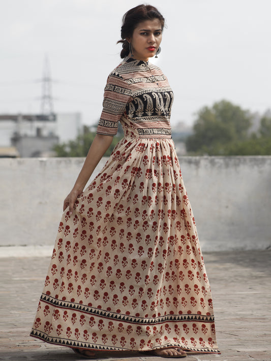 Naaz Alina - Beige Maroon Black Hand Block Printed Long Cotton Dress With Front Slit & Gathers  -  DS41F001