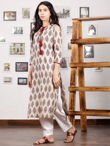 Ivory Maroon Indigo Hand Printed Ajrakh Kurta With Tassels & Cold Shoulder- K98F1538