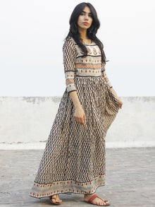 Naaz Saaj - Beige Black Maroon Hand Block Printed Dress With Gathers -  DS36F002