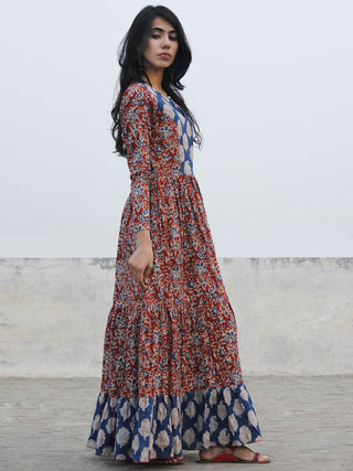Red Indigo Ivory Black Hand Blocked Cotton Tier Dress  - D139F1071