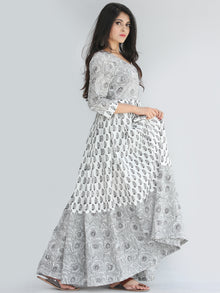 Saima - Grey Black White Hand Block Printed Box Pleated Long Dress - D398F2240