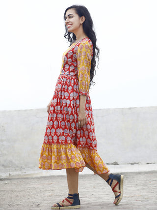 Red Yellow Blue ivory Hand block Printed Dress With Gathers And Peasant Sleeves  - D77F780