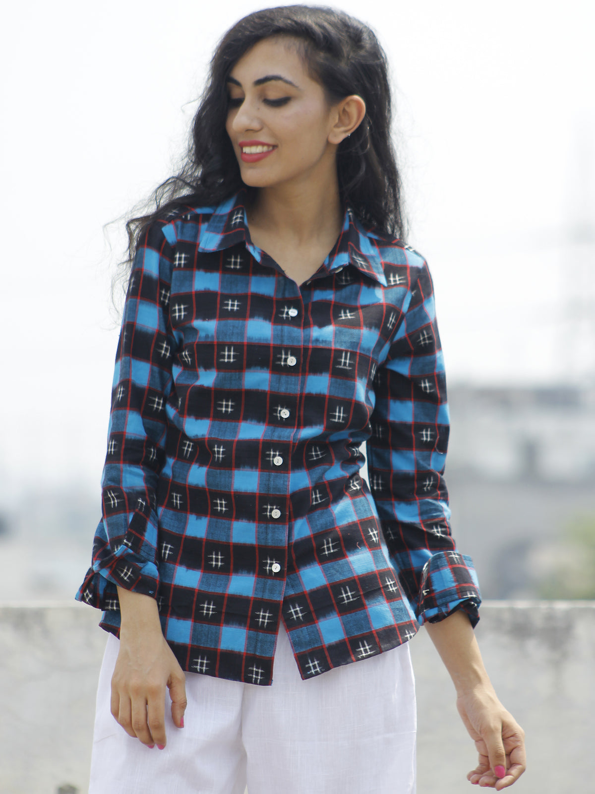 Black Blue Red Ivory Hand Woven Double Ikat Shirt  - T21F823