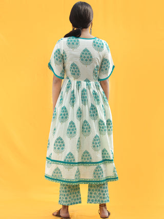 Ersheen - White Green Printed & Sequenced Kurta Pant Set  - SS02F2020