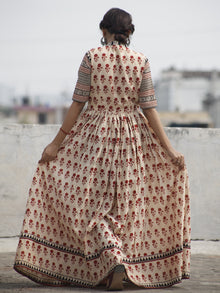 Naaz Alina - Beige Maroon Black Hand Block Printed Long Cotton Dress With Front Slit & Gathers  -  DS41F001