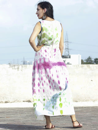 Naaz White Indigo Pink Green Tie Dye Asymmetrical Sleeveless Dress With Back Zip  - DS24F001
