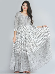 Saima - Grey Black White Hand Block Printed Box Pleated Long Dress - D398F2240