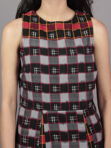 Black Grey Red Ivory Handwoven Double Ikat Cotton Sleeveless Dress  - D5465801