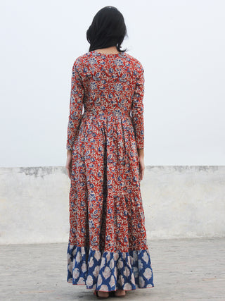 Red Indigo Ivory Black Hand Blocked Cotton Tier Dress  - D139F1071