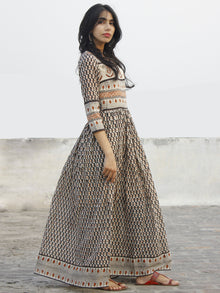 Naaz Saaj - Beige Black Maroon Hand Block Printed Dress With Gathers -  DS36F002