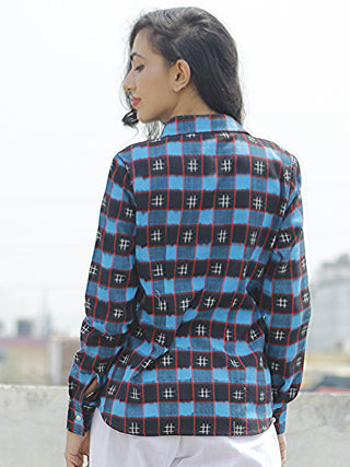 Black Blue Red Ivory Hand Woven Double Ikat Shirt  - T21F823