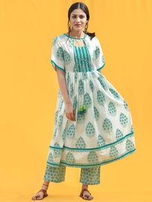 Ersheen - White Green Printed & Sequenced Kurta Pant Set  - SS02F2020