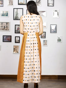 Off White Mustard Long Sleeveless Handwoven Double Ikat Dress With Side Pockets - D275F764
