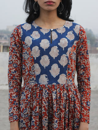 Red Indigo Ivory Black Hand Blocked Cotton Tier Dress  - D139F1071