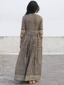 Naaz Saaj - Beige Black Maroon Hand Block Printed Dress With Gathers -  DS36F002