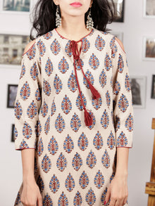 Ivory Maroon Indigo Hand Printed Ajrakh Kurta With Tassels & Cold Shoulder- K98F1538