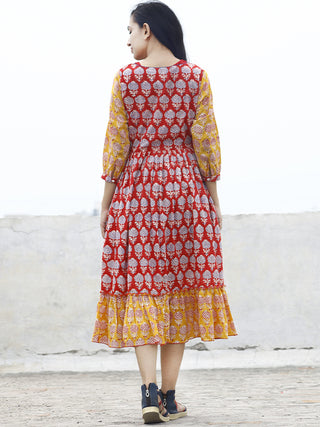 Red Yellow Blue ivory Hand block Printed Dress With Gathers And Peasant Sleeves  - D77F780