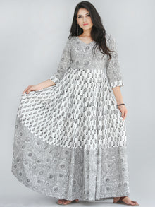 Saima - Grey Black White Hand Block Printed Box Pleated Long Dress - D398F2240