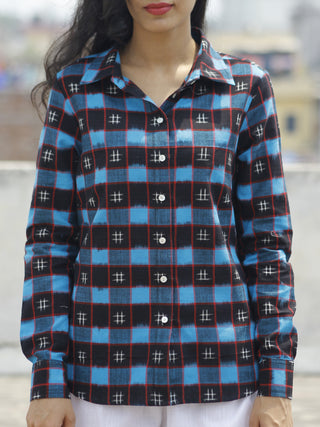 Black Blue Red Ivory Hand Woven Double Ikat Shirt  - T21F823