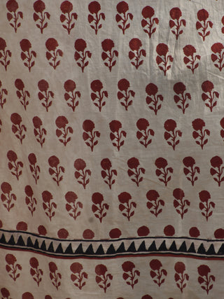 Naaz Alina - Beige Maroon Black Hand Block Printed Long Cotton Dress With Front Slit & Gathers  -  DS41F001