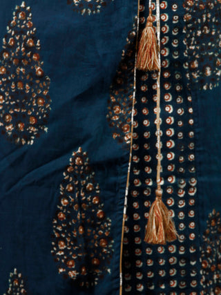 Indigo Mustard Brown Hand Block Printed Dress With Angrakha Style - D232F1315