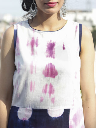 Naaz White Indigo Pink Green Tie Dye Asymmetrical Sleeveless Dress With Back Zip  - DS24F001
