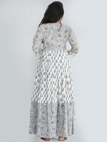 Saima - Grey Black White Hand Block Printed Box Pleated Long Dress - D398F2240
