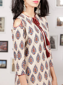 Ivory Maroon Indigo Hand Printed Ajrakh Kurta With Tassels & Cold Shoulder- K98F1538