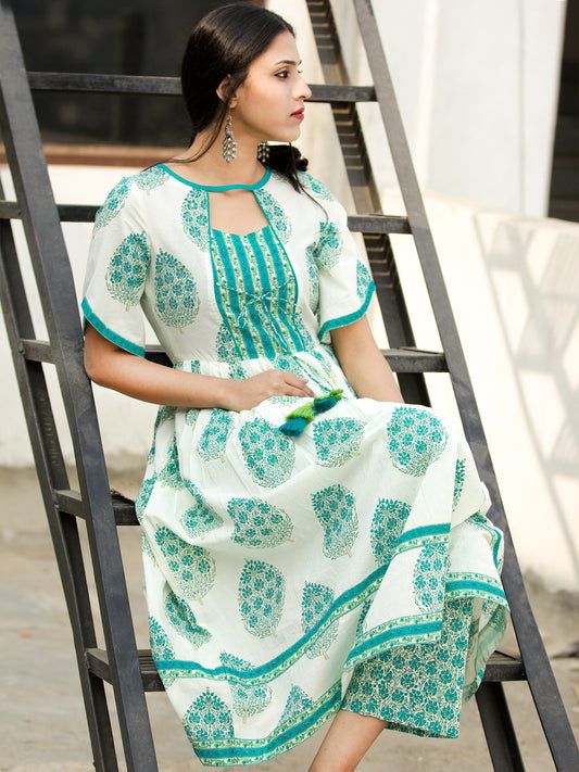 Ersheen - White Green Printed & Sequenced Kurta Pant Set  - SS02F2020