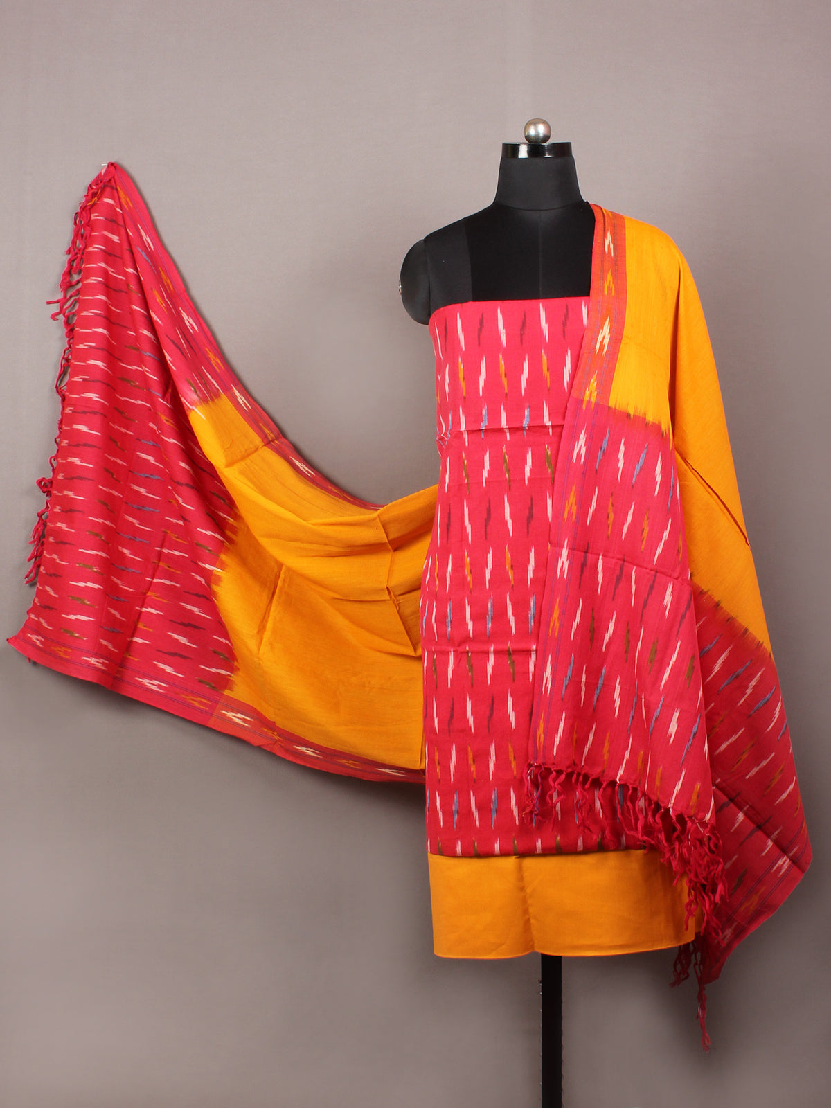 Red Yellow Off White Ikat Handwoven Cotton Suit Fabric Set of 3 - S1002010