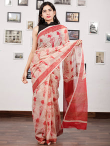 Beige Red Hand Block Printed Kota Doria Saree In Natural Colors With Golden Highlighting - S031703143