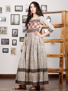 Naaz Kafeeya - Ivory Red Black Hand Block Printed Long Cotton Tier Dress With Gathers & Lining - DS53F001