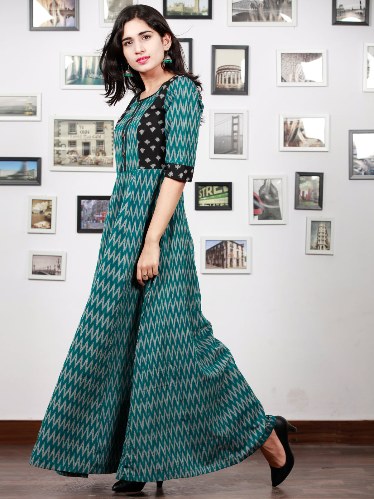 Teal Green Black Grey Handloom Mercerised Ikat Long Cotton Dress