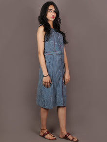 Indigo White Hand Block Printed Knee Length Cotton Dress With Maroon Piping - D0903601
