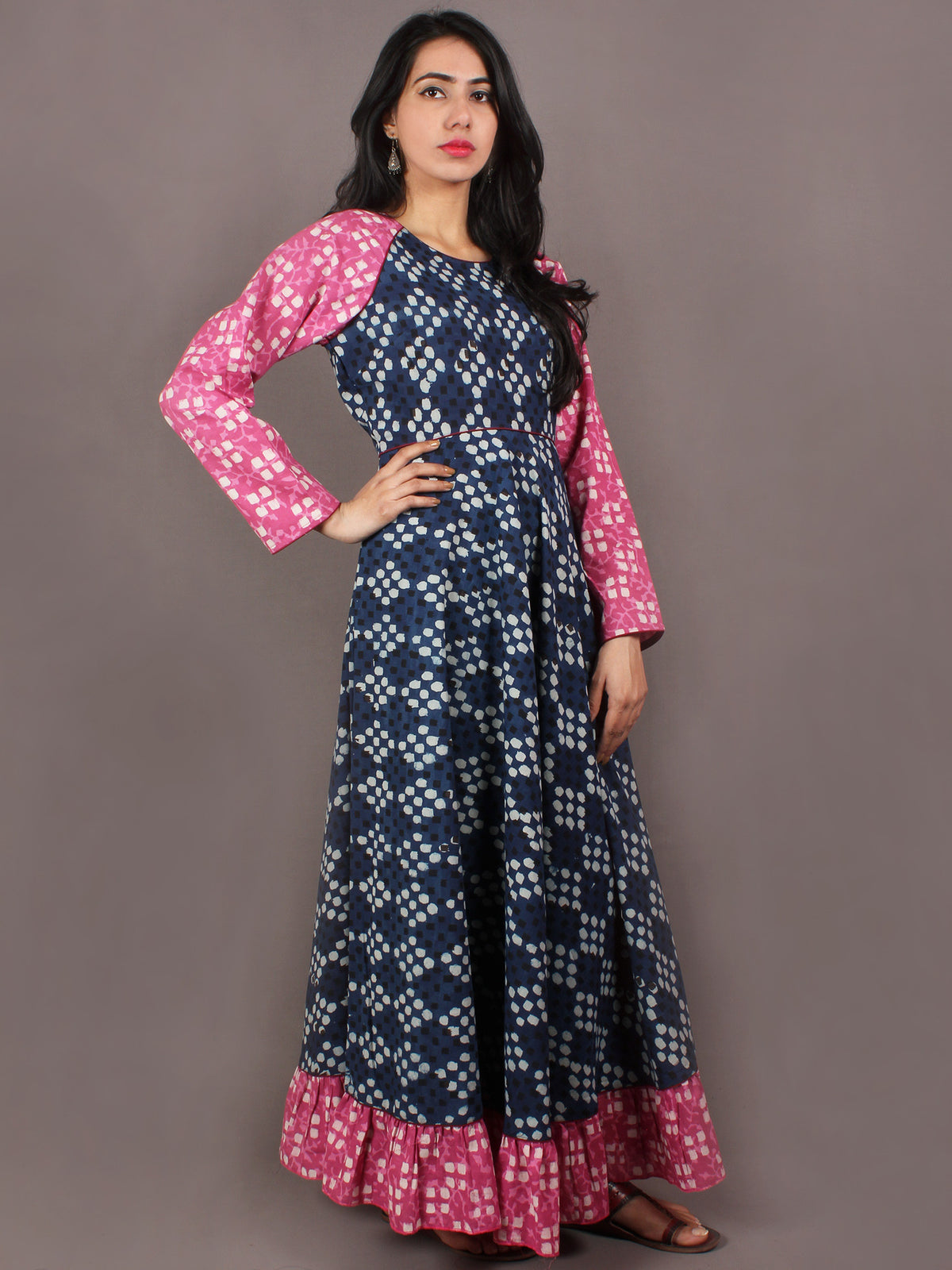 Indigo Pink Black White Hand Block Printed Long Cotton Dress With Gather - D0639015