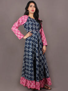 Indigo Pink Black White Hand Block Printed Long Cotton Dress With Gather - D0639015