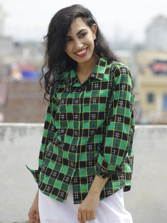 Black Green Yellow Ivory Hand Woven Double Ikat Shirt  - T21F767