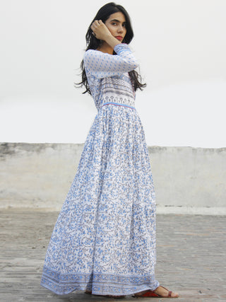 Naaz Blue White Grey Magenta Hand Block Printed Long Angrakha Dress -  DS38F001