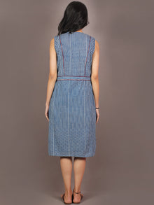 Indigo White Hand Block Printed Knee Length Cotton Dress With Maroon Piping - D0903601