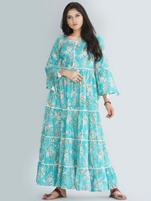 Gulzar Ruhma - Hand Block Printed Tiered Long Dress With Lace - D410F2030