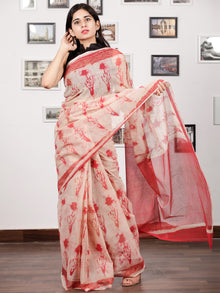 Beige Red Hand Block Printed Kota Doria Saree In Natural Colors With Golden Highlighting - S031703143