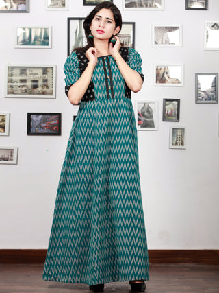 Teal Green Black Grey Handloom Mercerised Ikat Long Cotton Dress With Princess Cut - D279F1421