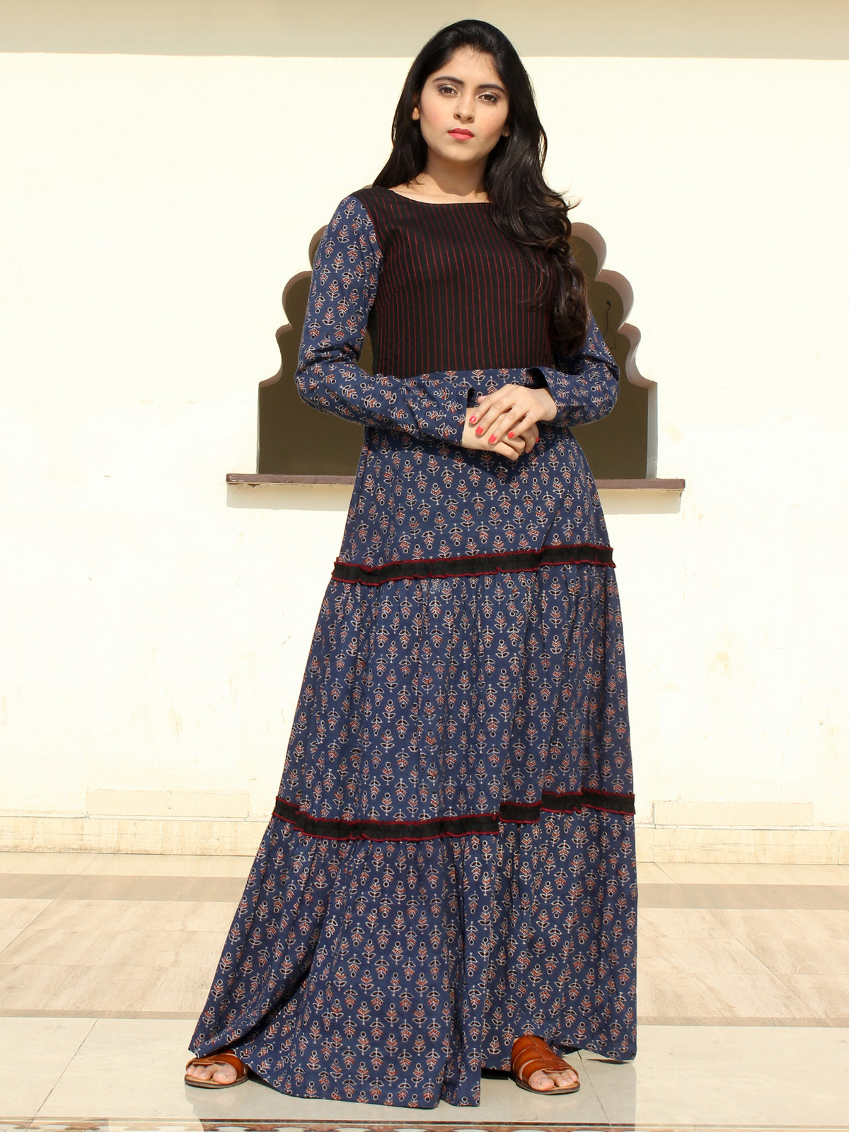Firoza - Ajrakh Hand Block Printed Long Tiered Dress - D402F1517