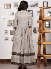 Naaz Kafeeya - Ivory Red Black Hand Block Printed Long Cotton Tier Dress With Gathers & Lining - DS53F001