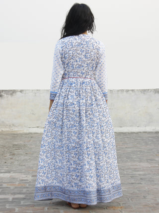 Naaz Blue White Grey Magenta Hand Block Printed Long Angrakha Dress -  DS38F001