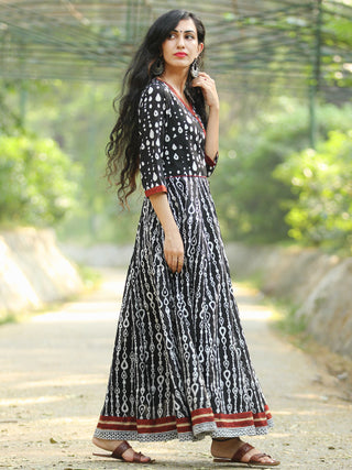 Naaz Monochrome  - Hand Block Printed Long Cotton Angrakha Dress  - DS75F001