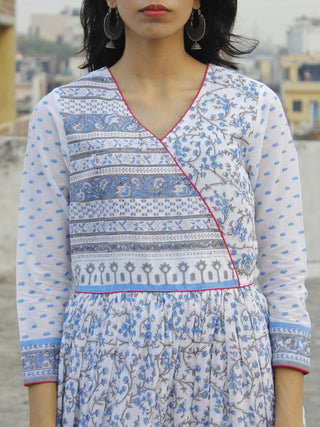 Naaz Blue White Grey Magenta Hand Block Printed Long Angrakha Dress -  DS38F001